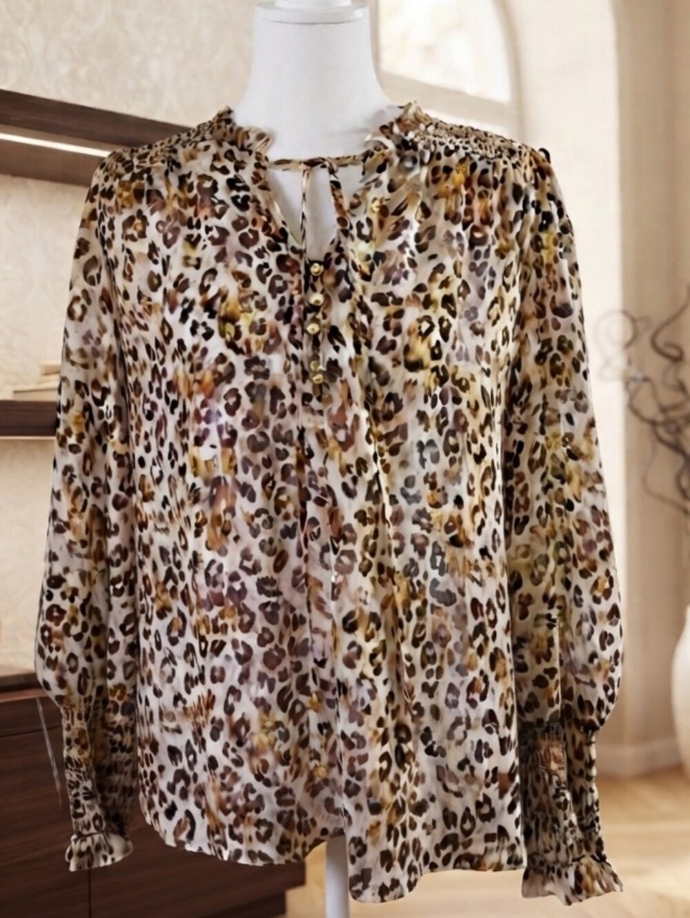 By The River Leopard Print Sheer Boho Blouse Gold Accents Cheetah Office Attire